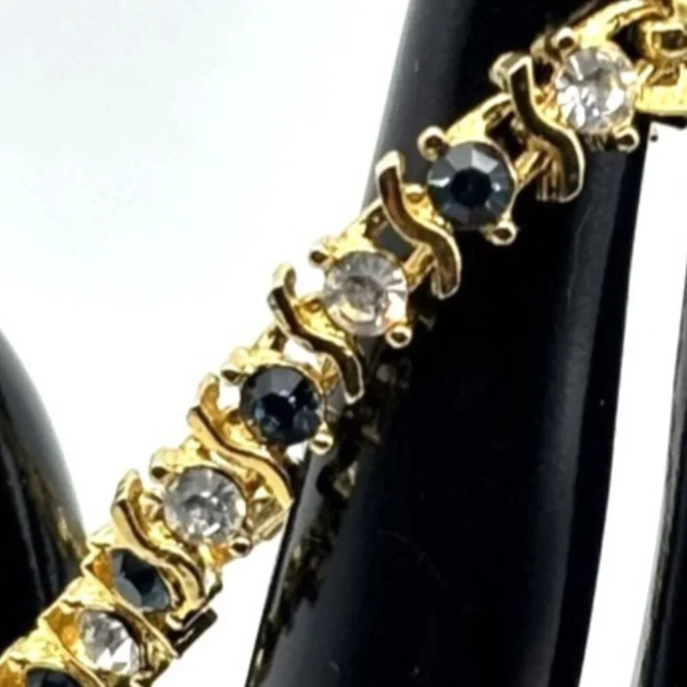 Vintage Gold Tone Metal and Faux Sapphire Faux Diamond Tennis Style Bracelet 80s - Picture 7 of 13
